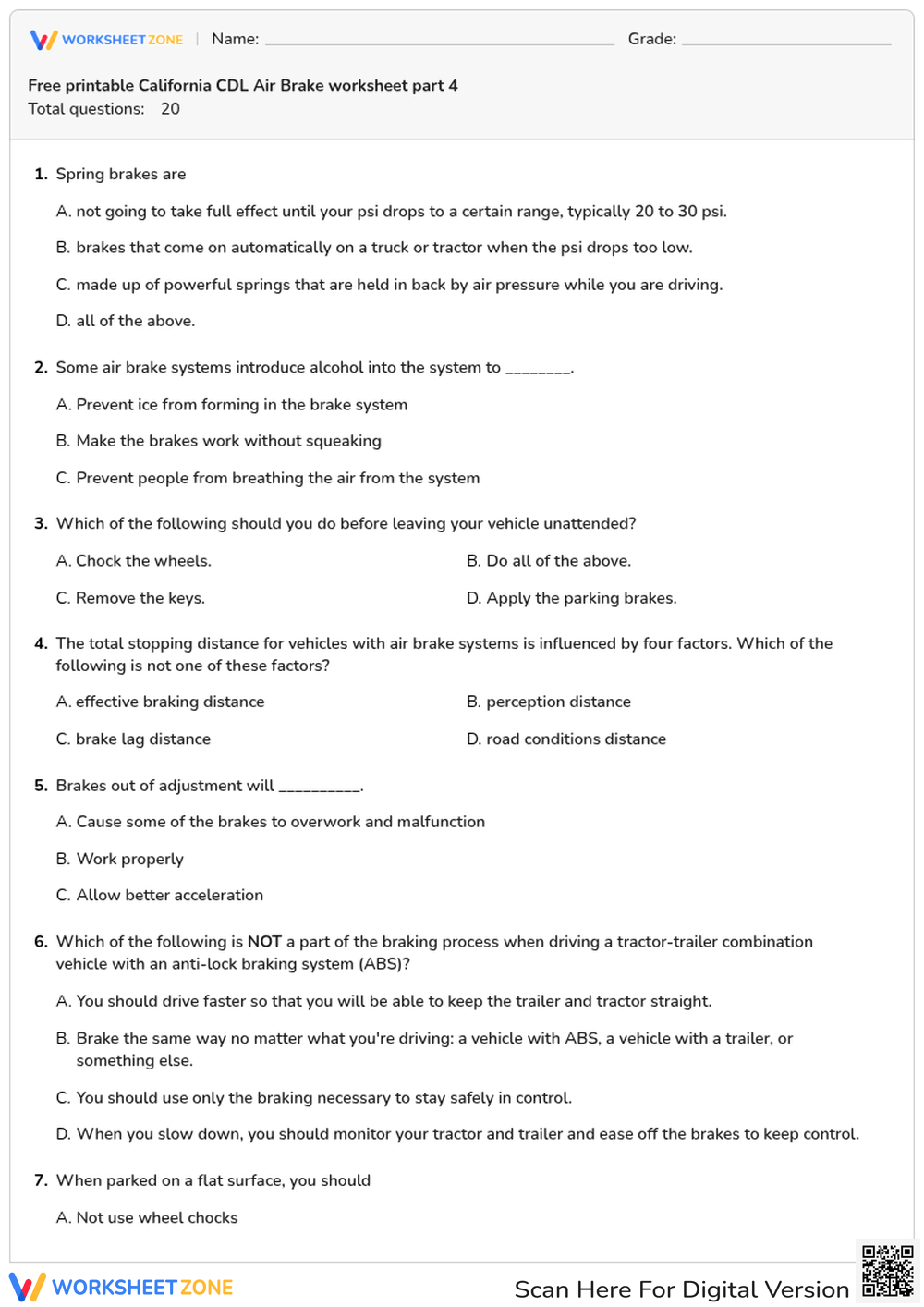Free printable California CDL Air Brake worksheet part 4