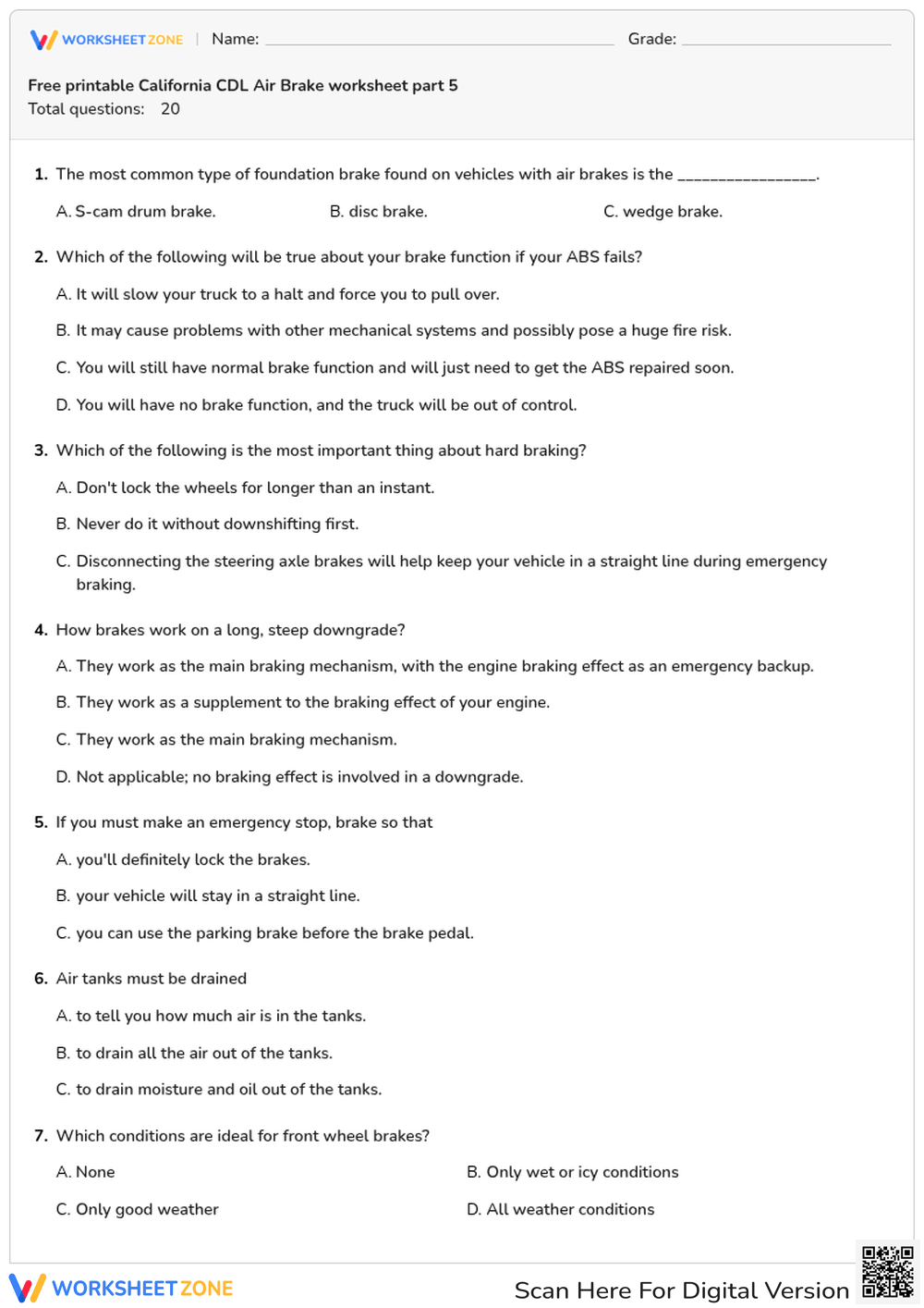 Free printable California CDL Air Brake worksheet part 5