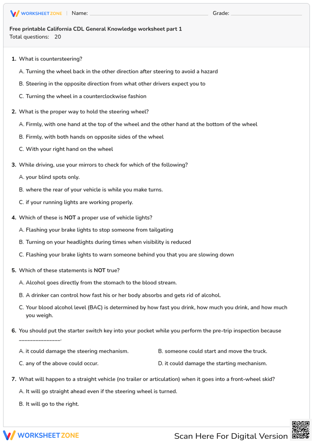 Free printable California CDL General Knowledge worksheet part 1