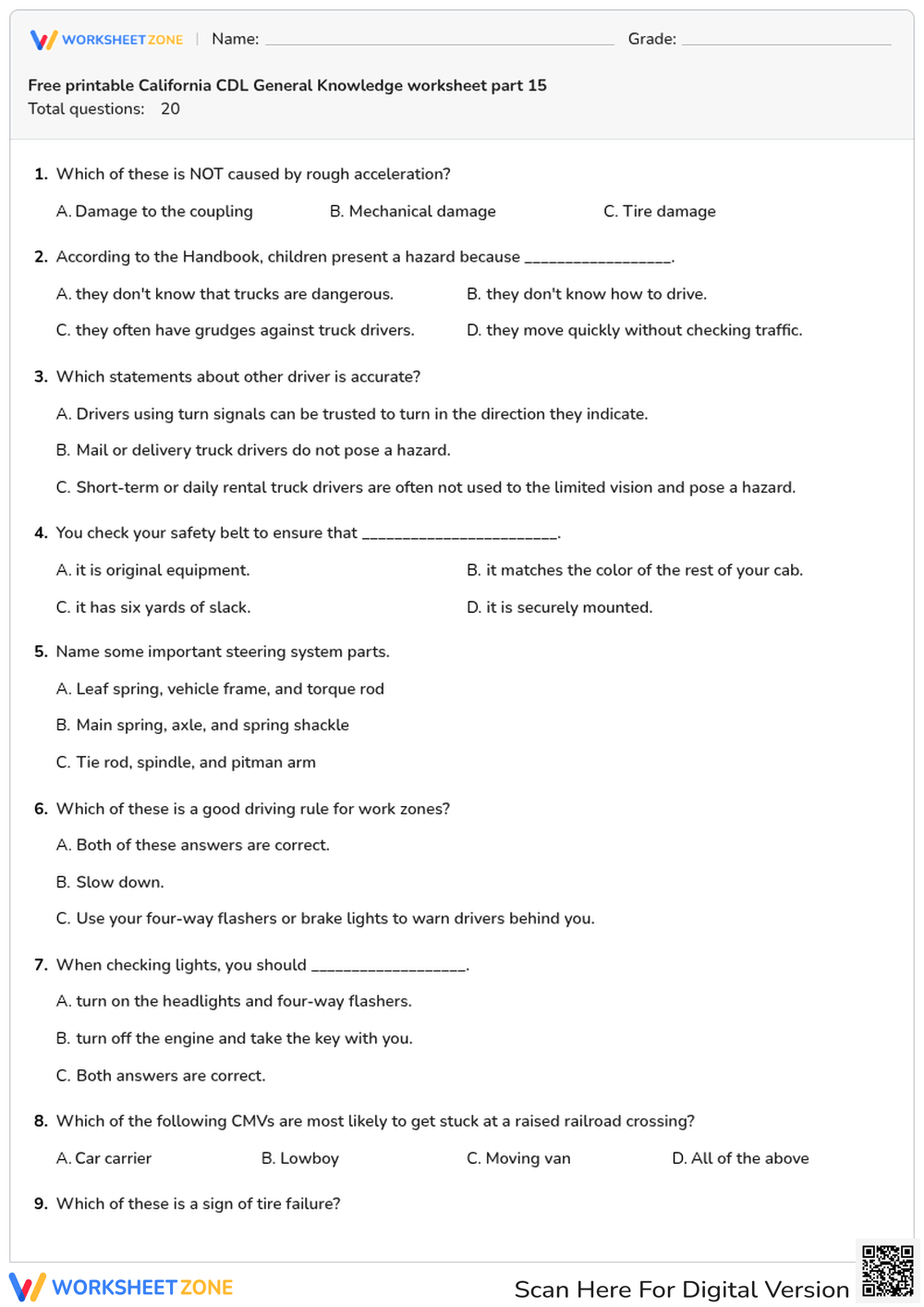 Free printable California CDL General Knowledge worksheet part 15