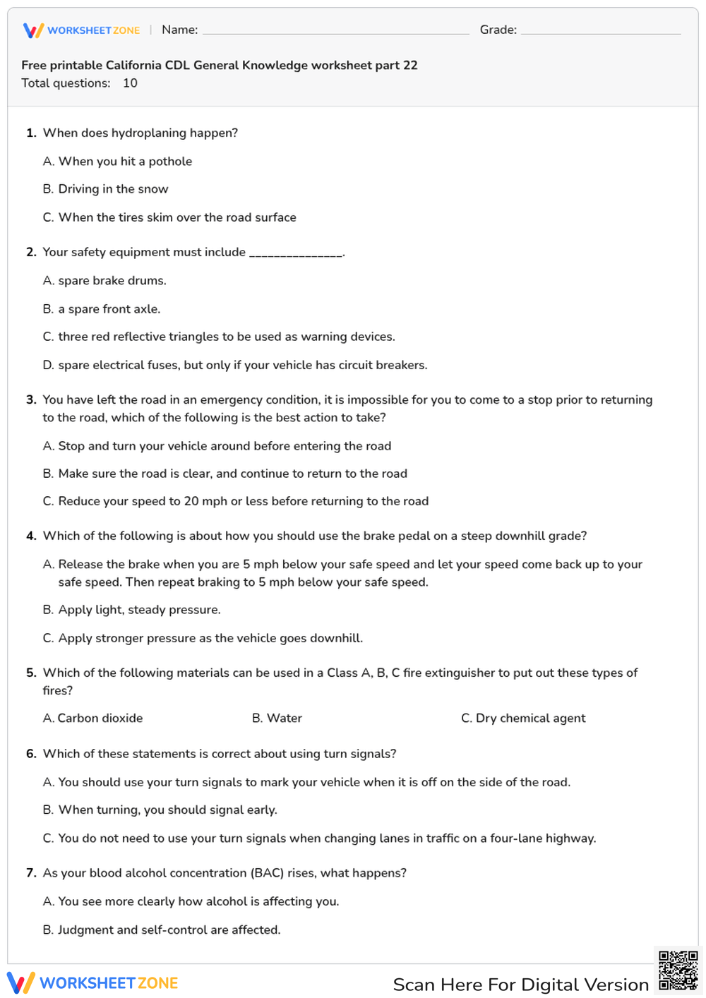 Free printable California CDL General Knowledge worksheet part 22