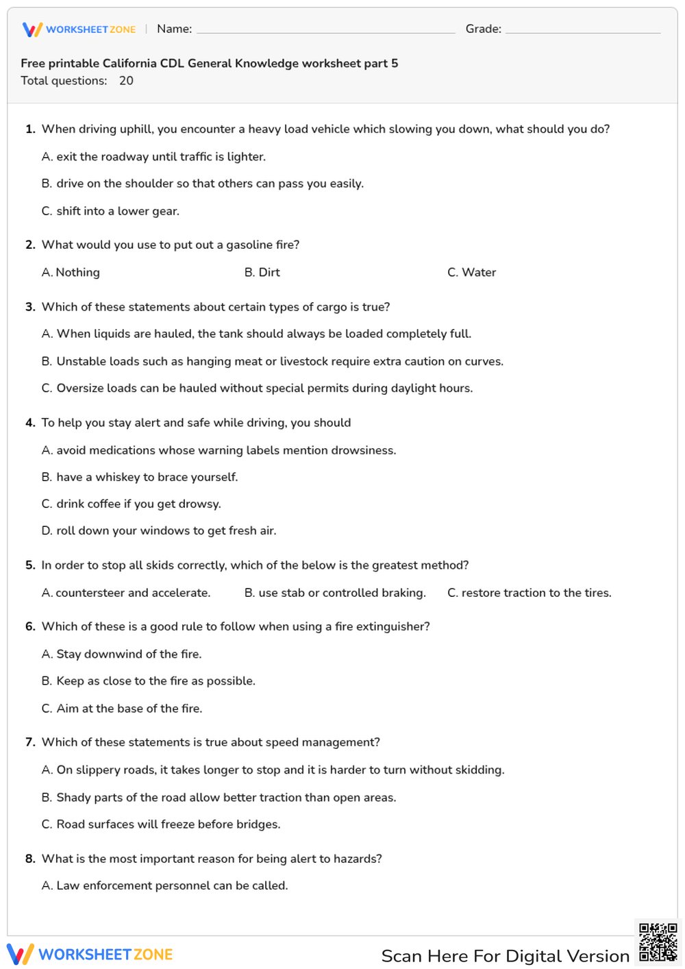 Free printable California CDL General Knowledge worksheet part 5