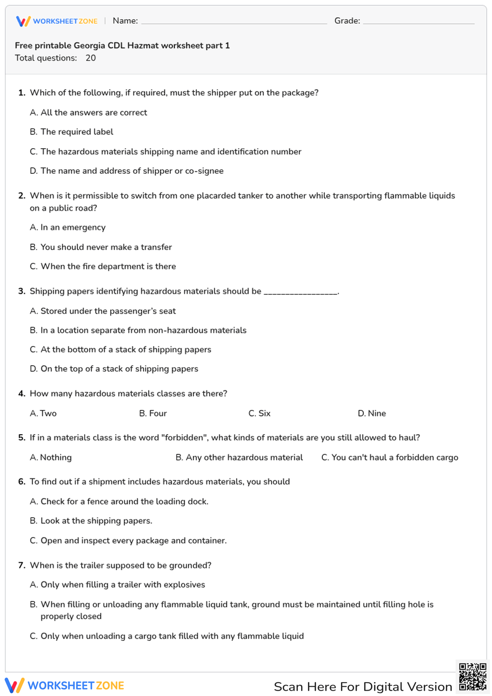 Free printable Georgia CDL Hazmat worksheet part 1