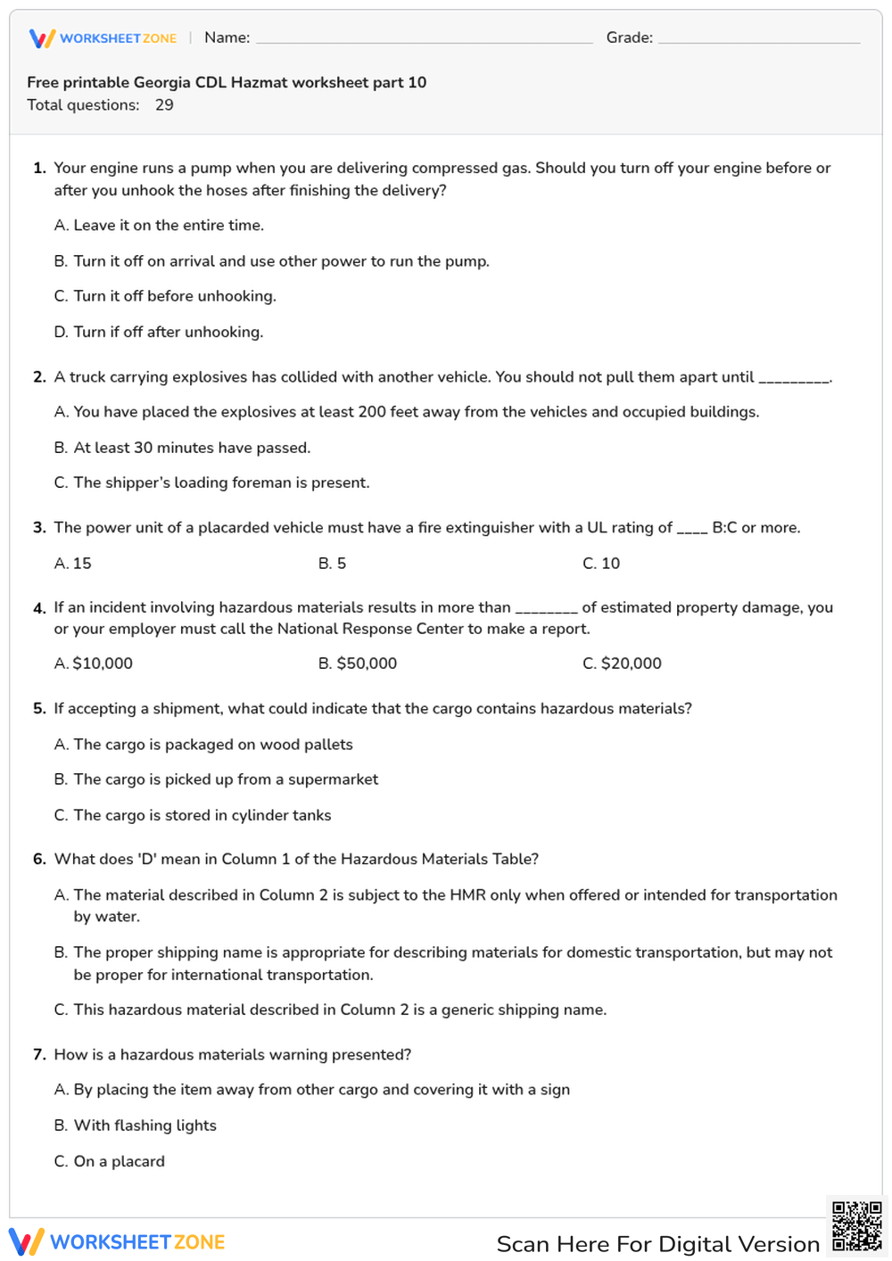 Free printable Georgia CDL Hazmat worksheet part 10