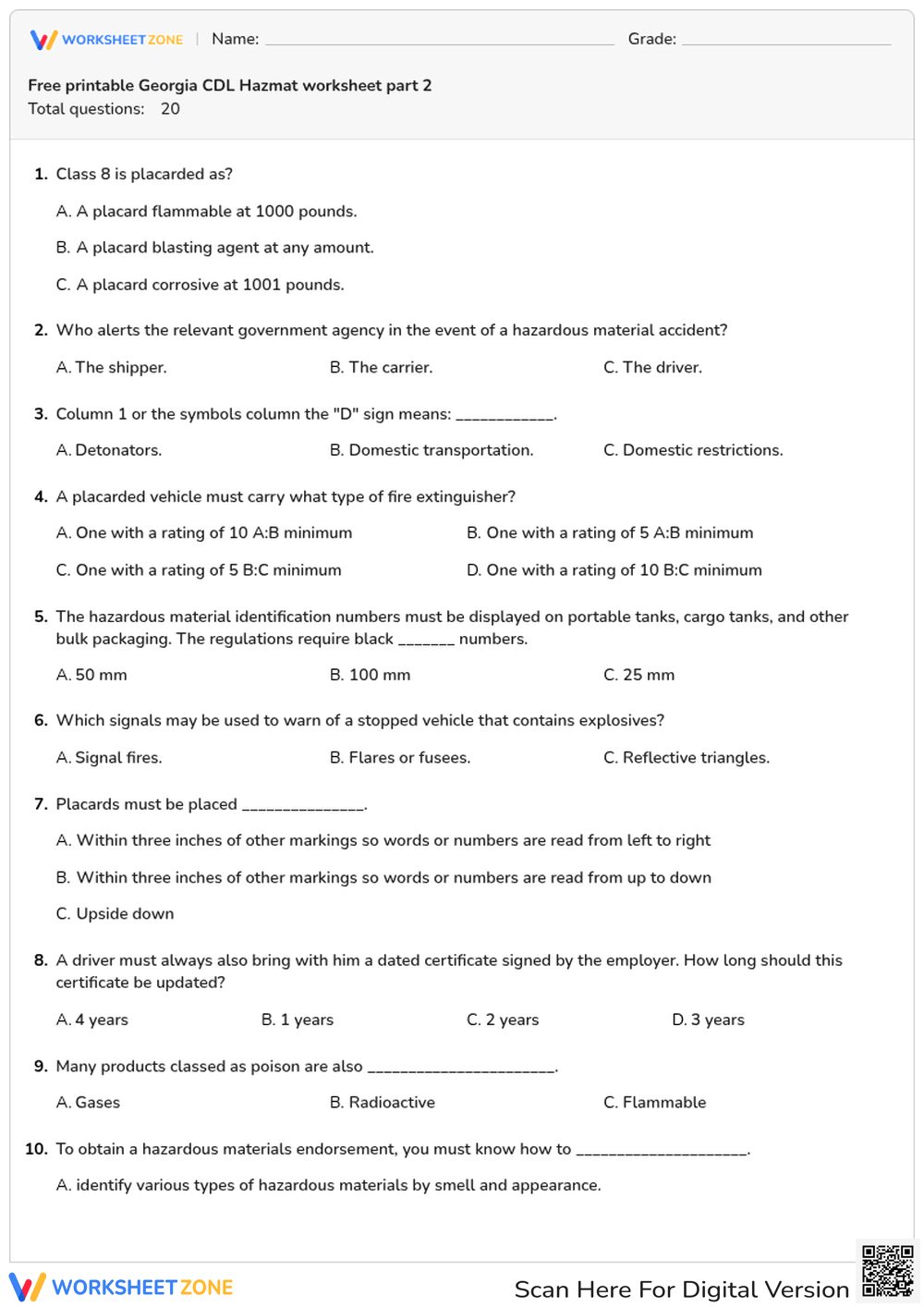 Free printable Georgia CDL Hazmat worksheet part 2