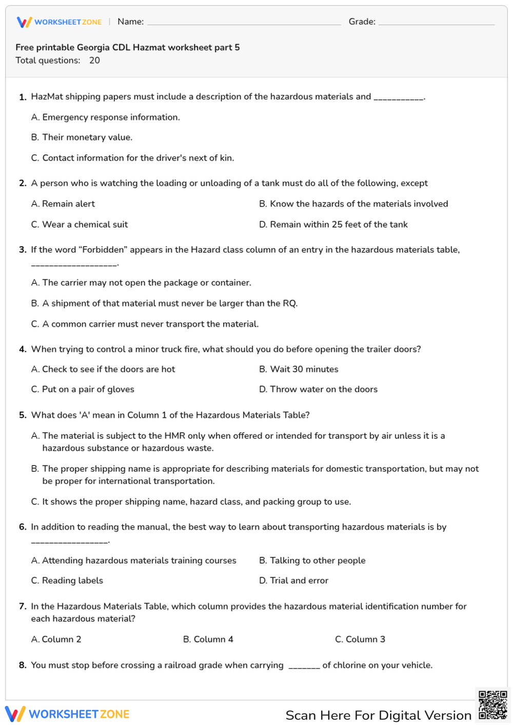 Free printable Georgia CDL Hazmat worksheet part 5