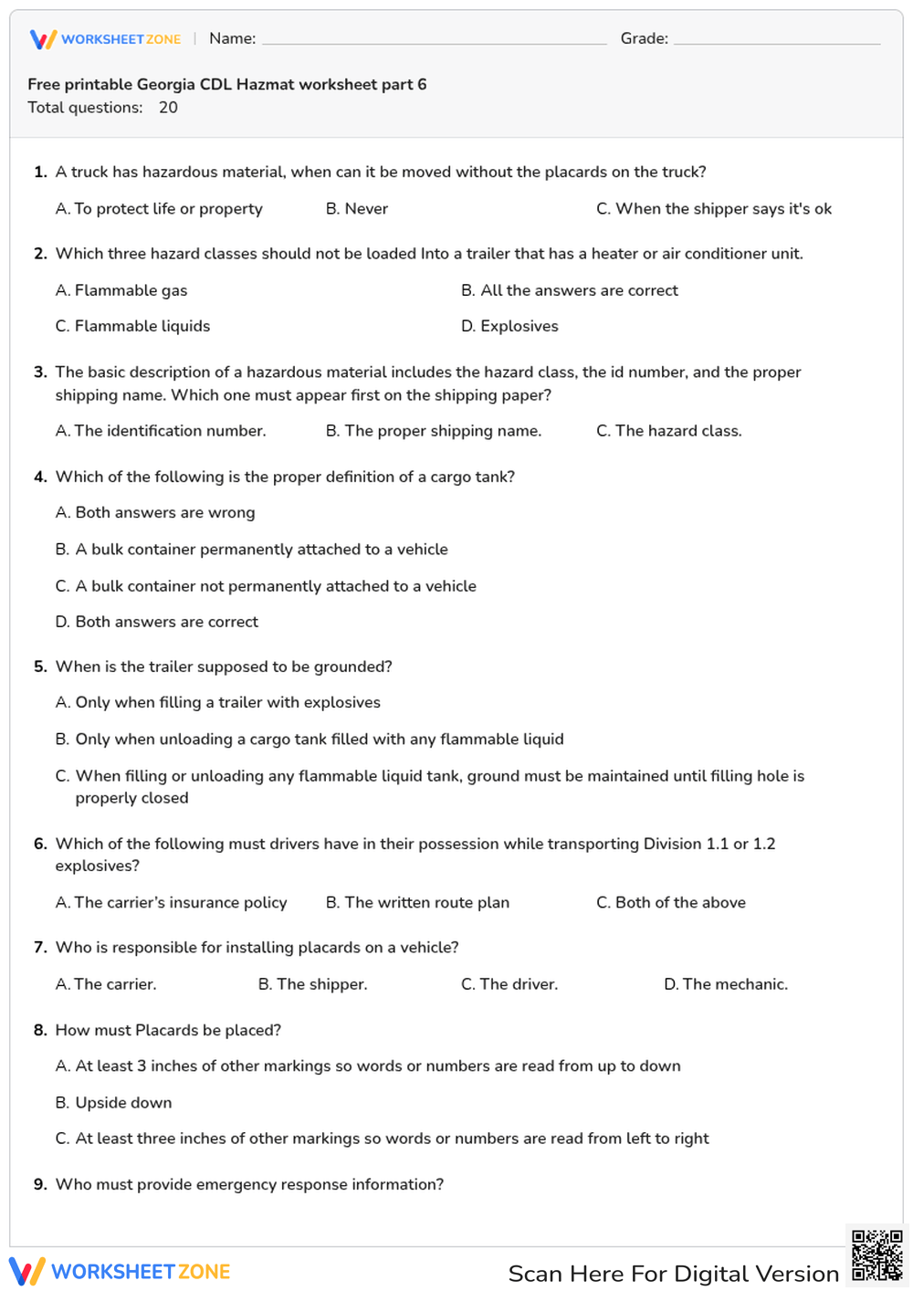 Free printable Georgia CDL Hazmat worksheet part 6