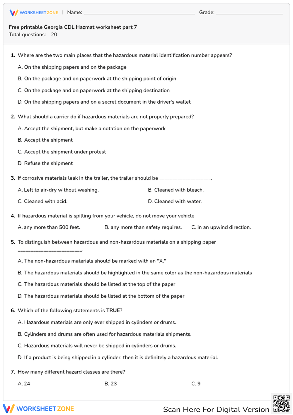 Free printable Georgia CDL Hazmat worksheet part 7