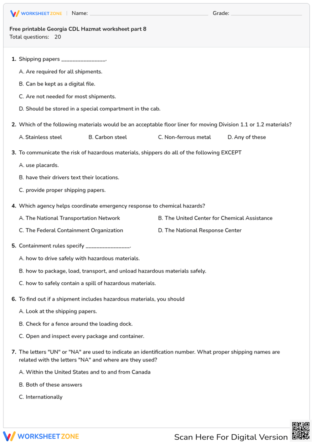 Free printable Georgia CDL Hazmat worksheet part 8
