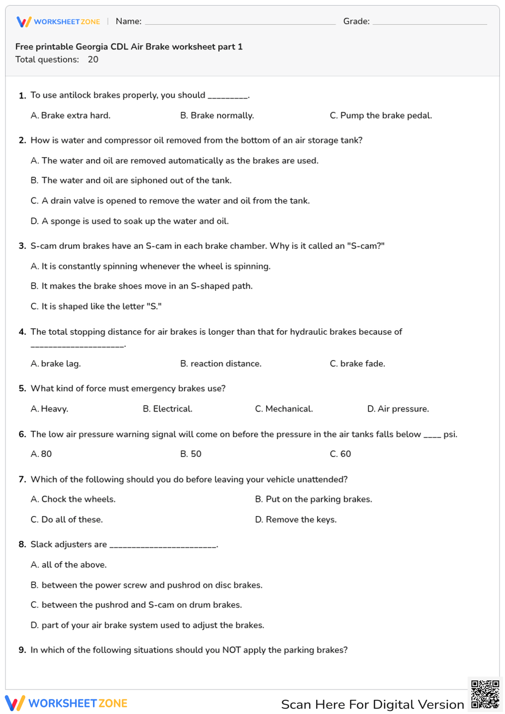 Free printable Georgia CDL Air Brake worksheet part 1