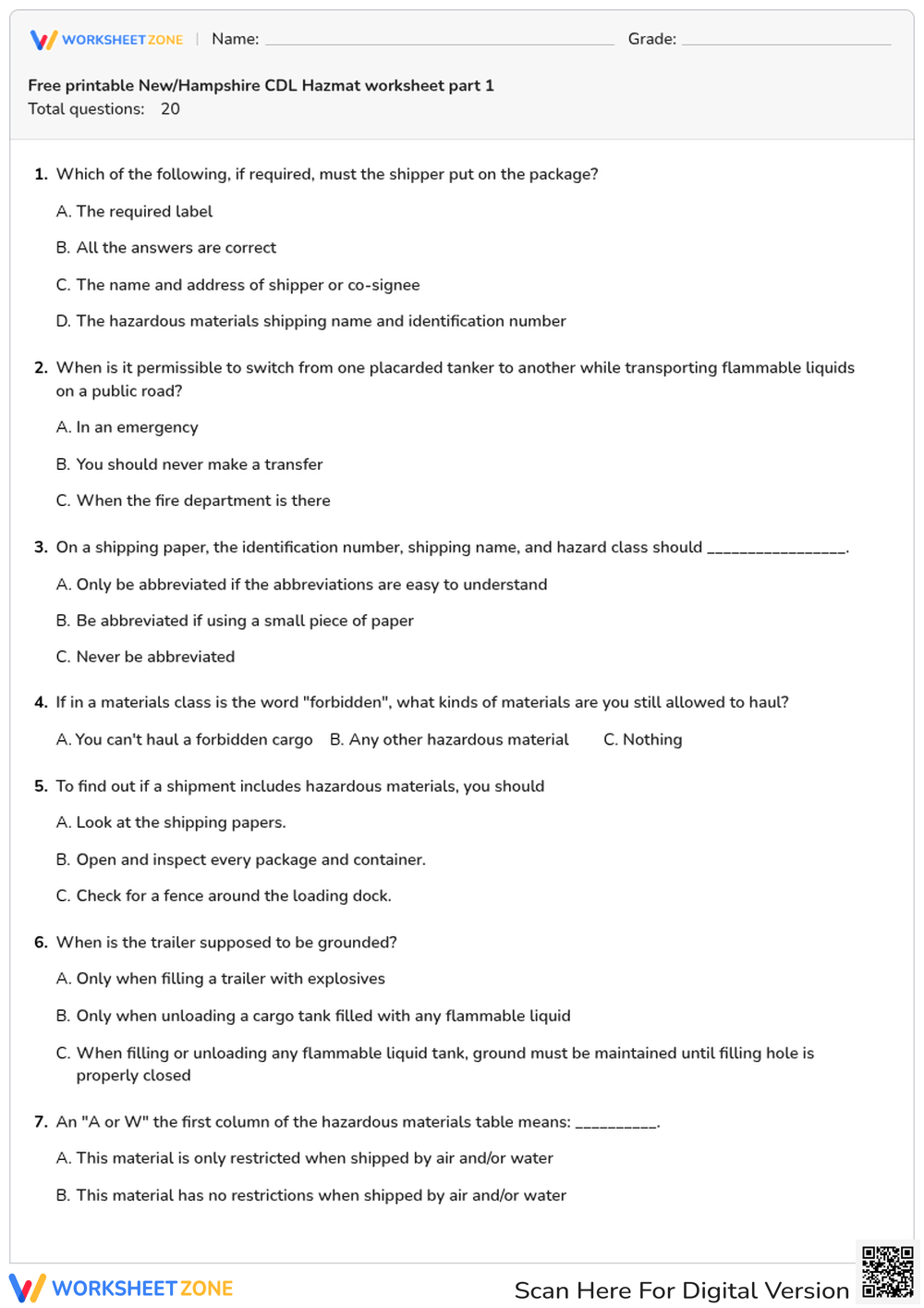 Free printable New/Hampshire CDL Hazmat worksheet part 1