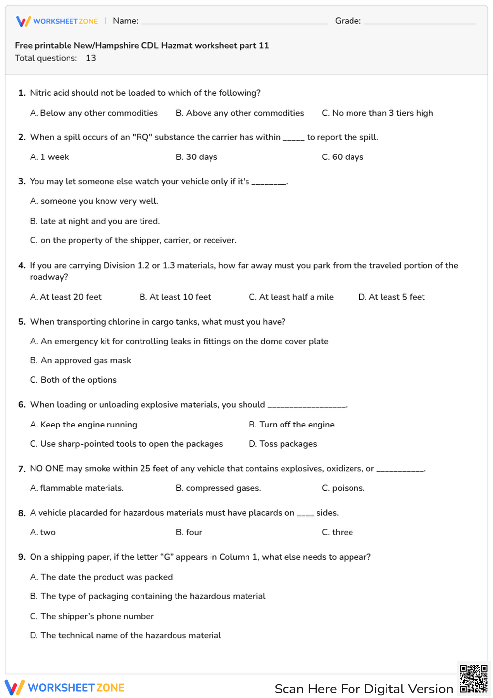 Free printable New/Hampshire CDL Hazmat worksheet part 11