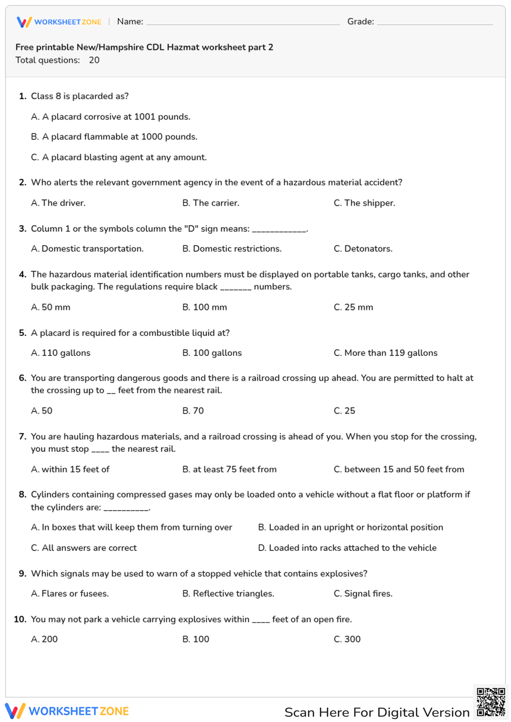 Free printable New/Hampshire CDL Hazmat worksheet part 2