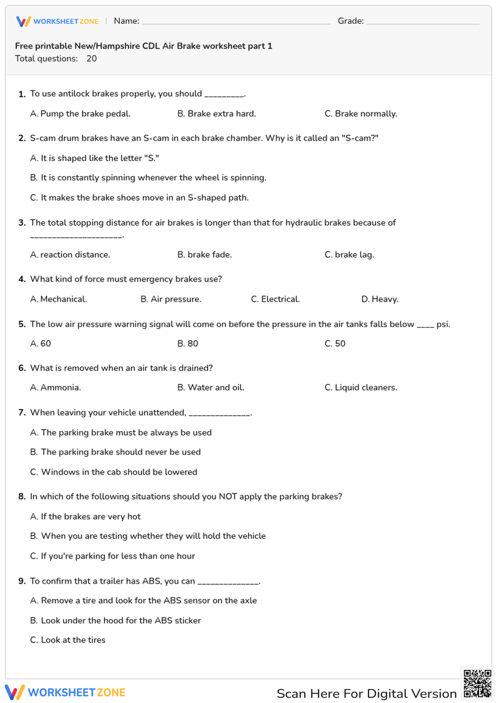 Free printable New/Hampshire CDL Air Brake worksheet part 1