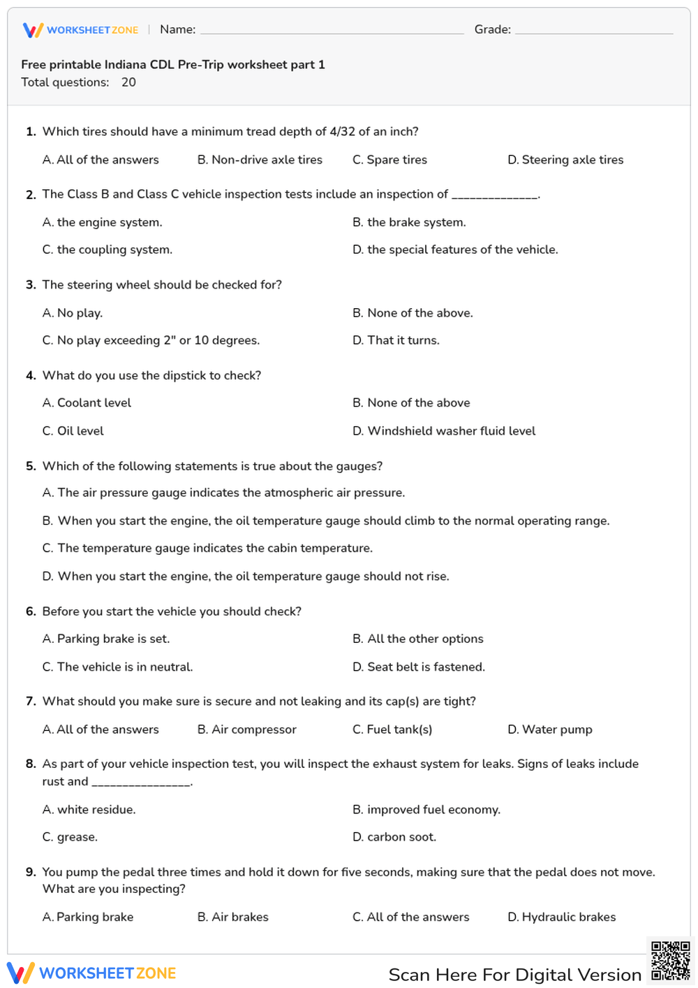 Free printable Indiana CDL Pre-Trip worksheet part 1