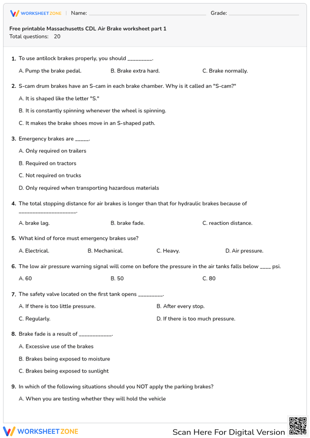 Free printable Massachusetts CDL Air Brake worksheet part 1