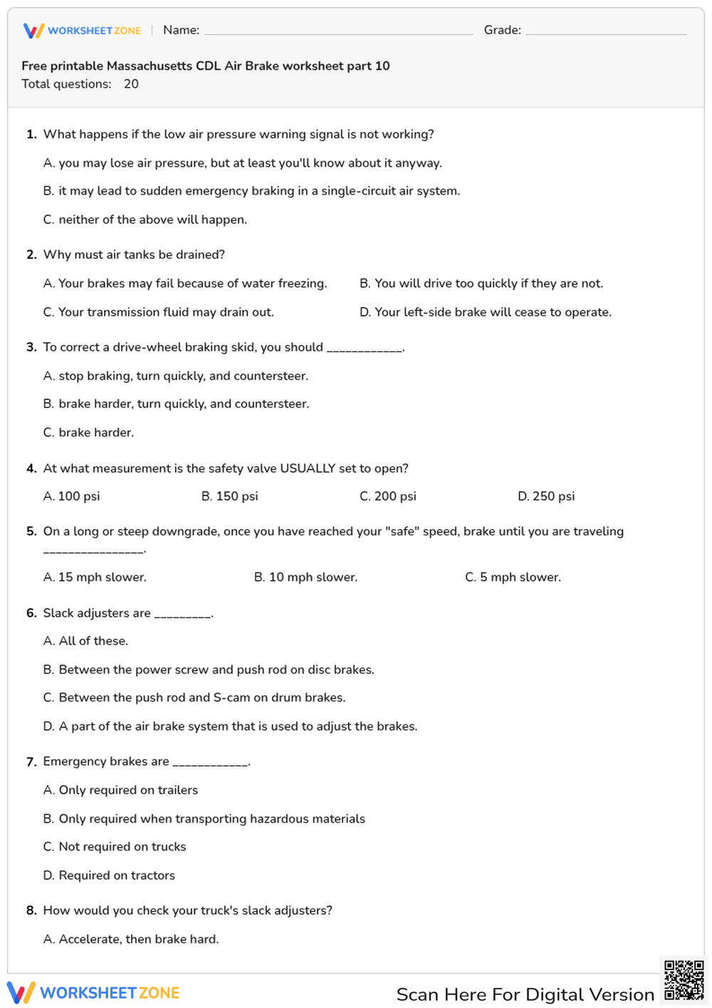 Free printable Massachusetts CDL Air Brake worksheet part 10