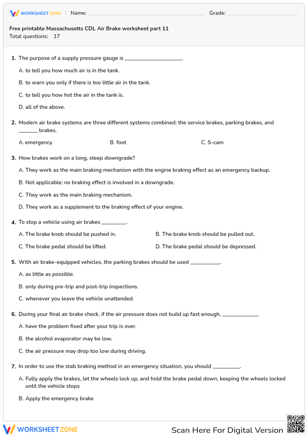 Free printable Massachusetts CDL Air Brake worksheet part 11