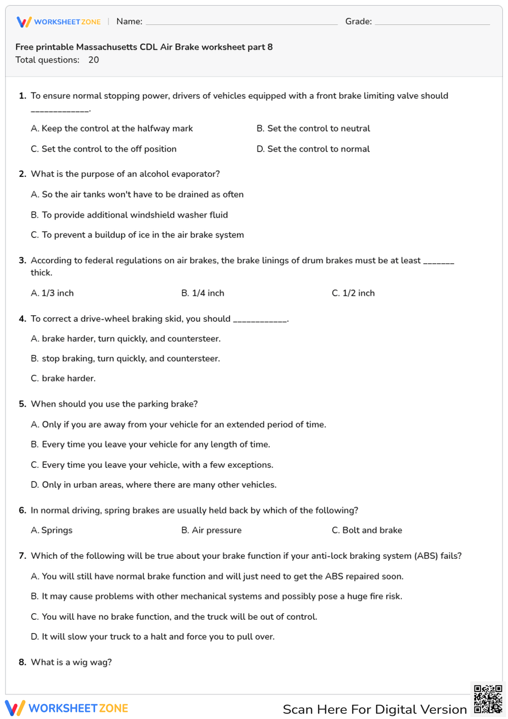 Free printable Massachusetts CDL Air Brake worksheet part 8