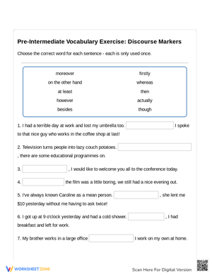Pre-Intermediate Vocabulary Exercise -Toefal Practice Discourse Markers