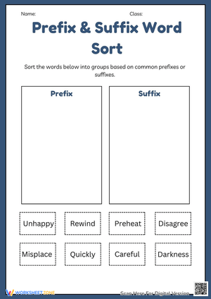 Prefix & Suffix Word Sort Worksheet