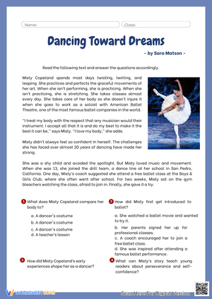 Dancing Toward Dreams Reading Worksheet